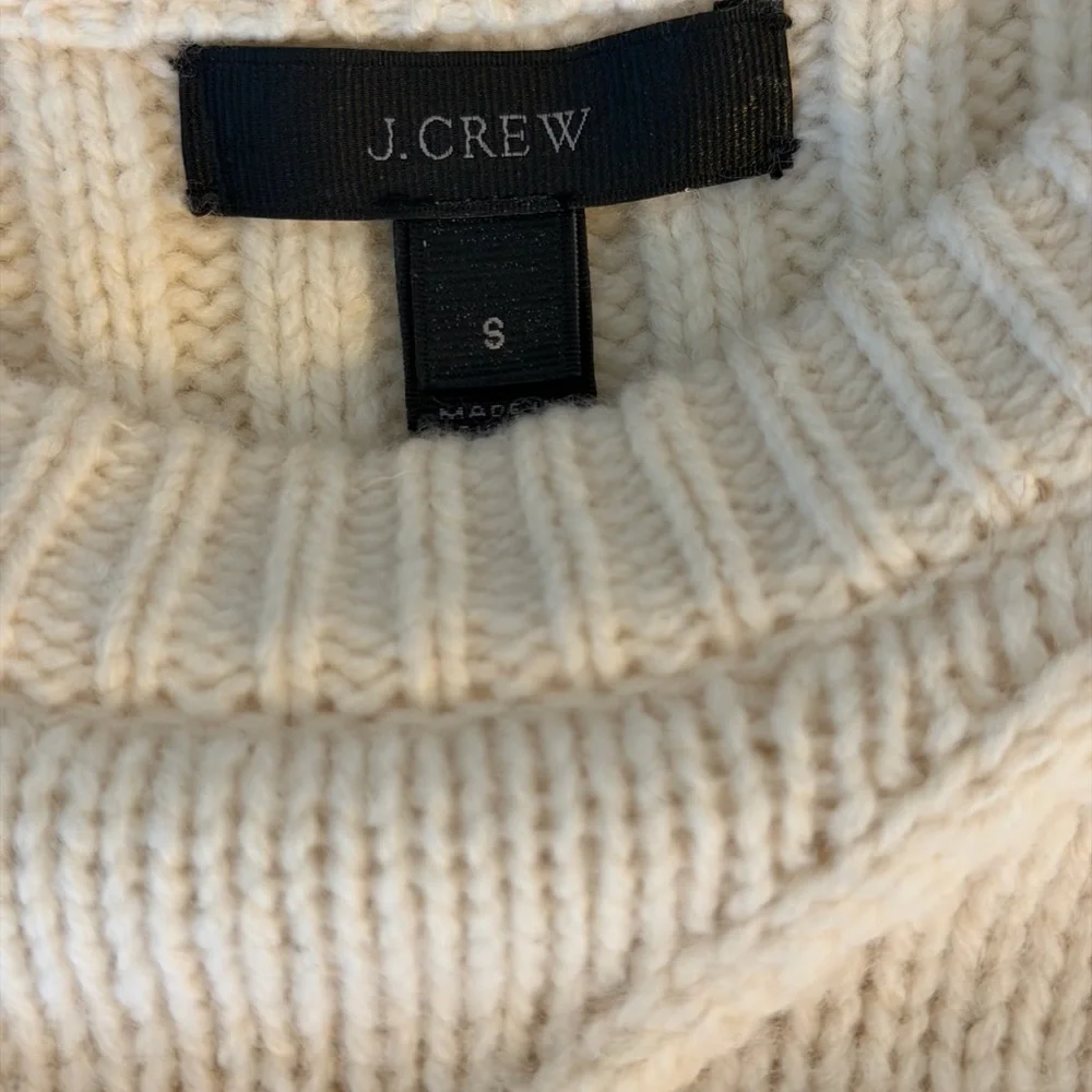 J. Crew Pom Pom Cable Knit Wool Sweater vintage-inspired chunky diamond beige SM